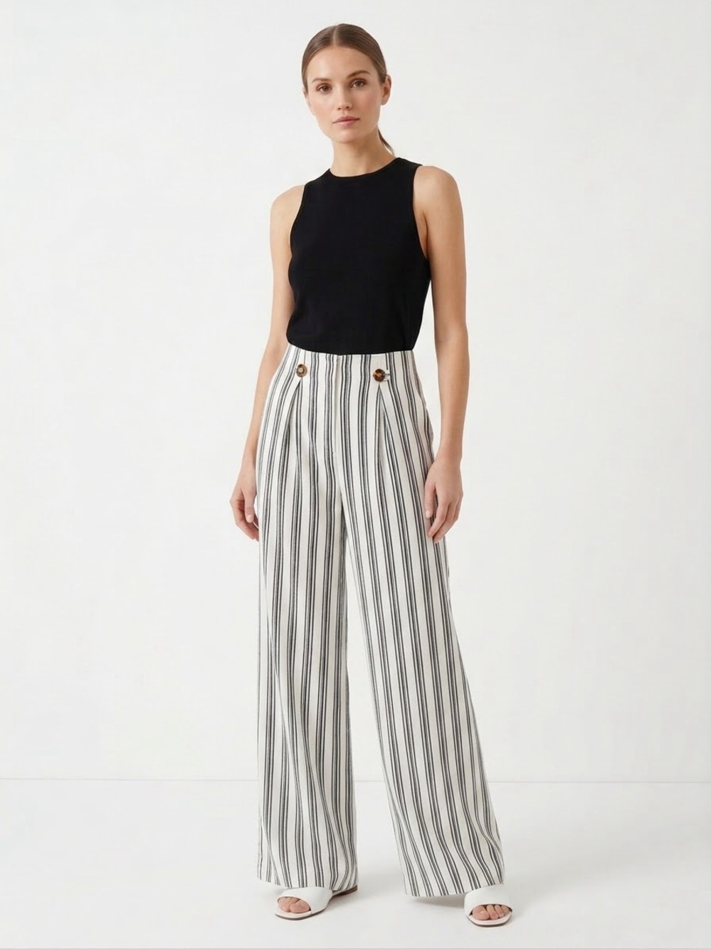 NWT COMMENSE Linen Blend Wide Leg Pants White Black Striped Pleated High Rise M